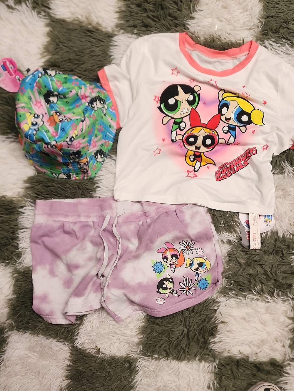 Shein Powerpuff Girl Cropped Ringer Tee, Shorts And Bucket Hat Bundle